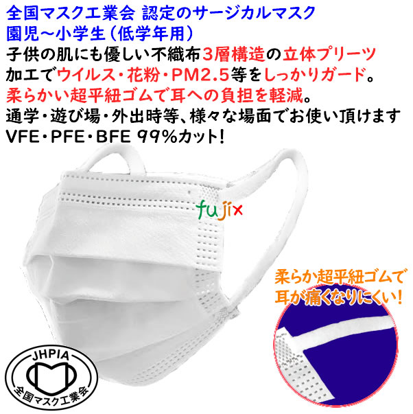 マスク工業会認定　園児から小学生低学年用のサージカルマスク　プリーツ