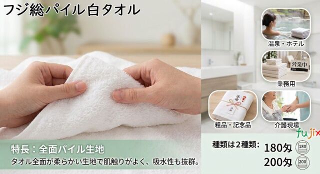 フジ総パイル白タオル180匁 業務用 300枚(12枚x25袋)/ケース 温泉タオル バスタオル 4942015938601