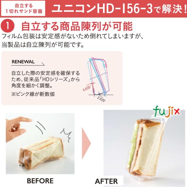 自立する一切れサンド容器　ユニコンHD-156-3　800個／ケース　【使い捨て 紙容器】【サンドイッチ用】